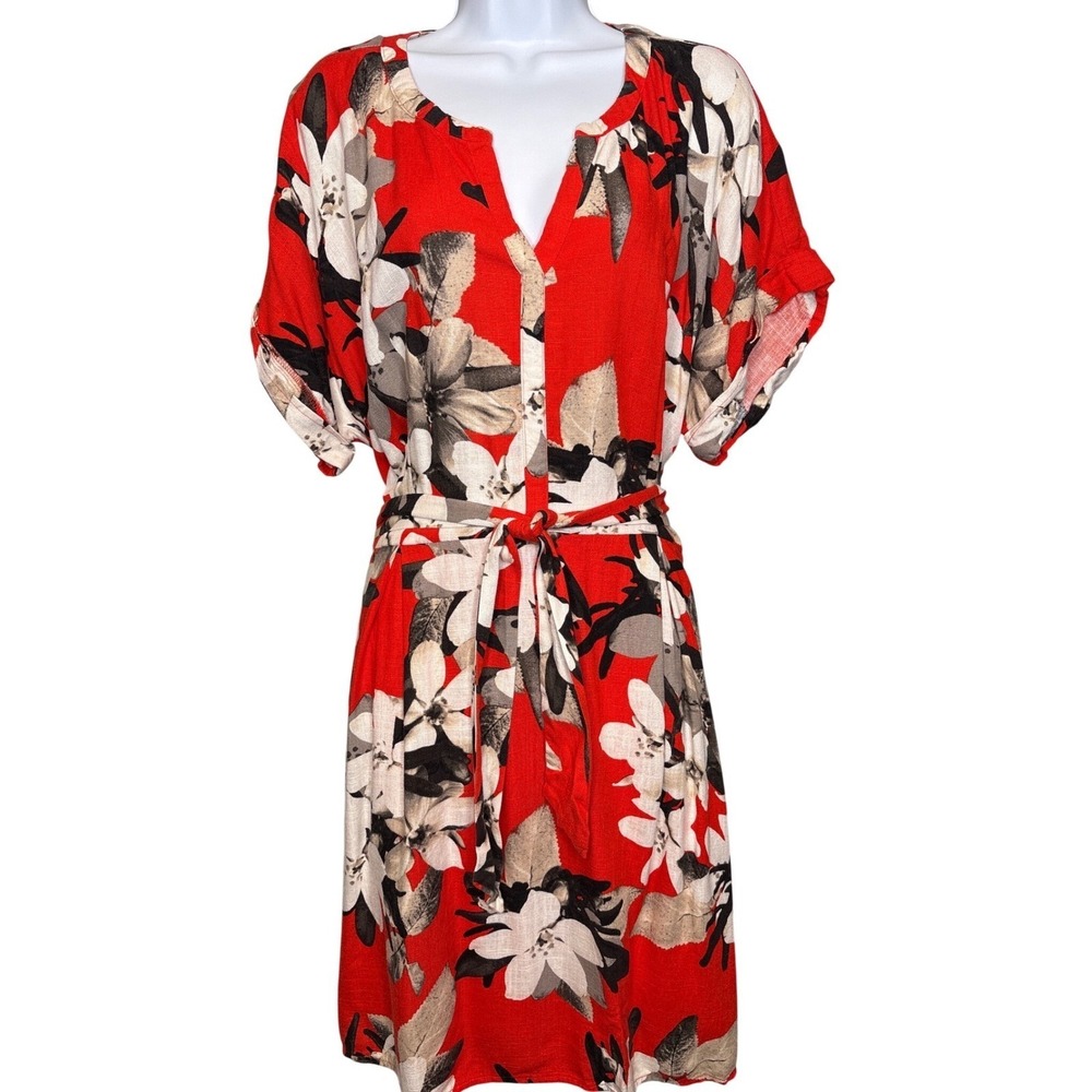 Simply Vera Vera Wang Women Red Floral Belted Tunic Dress Sz XXL Tropical Cruise